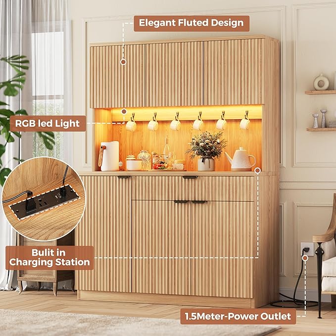 Jocoevol Fluted Kitchen Pantry Storage Cabinet with Charging Station/LED Light/Doors/Shelves, 71'' Tall Kitchen Food Hutch with Microwave Stand for Dining Room Living Room (Natural, 41 * 15.7 * 71)