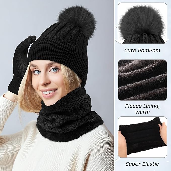 SATINIOR 5 Pcs Winter Hat Scarf Gloves Set Fleece Lined Knit Beanie Hat Warm Touch Screen Gloves Earmuff Warmer for Women(Black,Beauty Style)