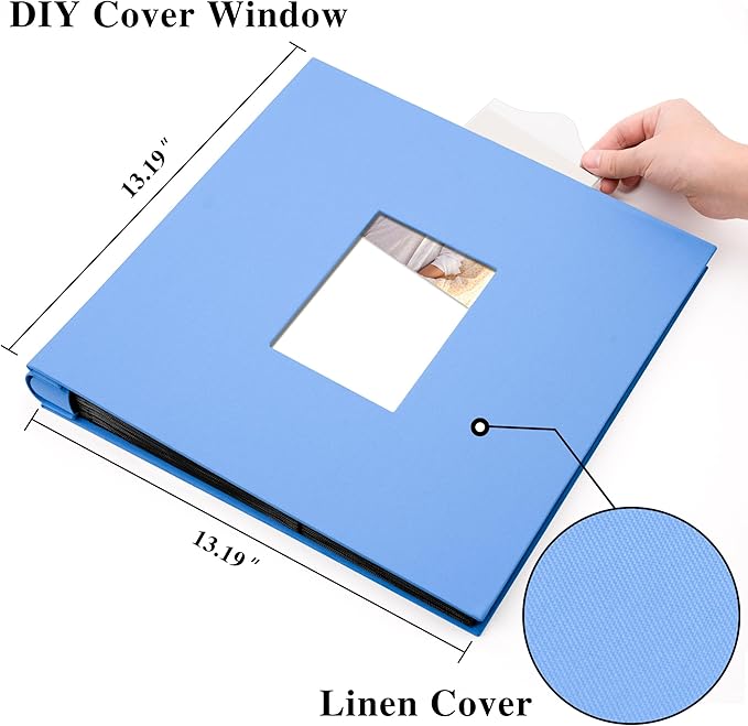 Photo Album Holds 600 Pockets with Linen Cover and Customizable Window, Fits 4x6 Photos, Archival Black Pages, Blue
