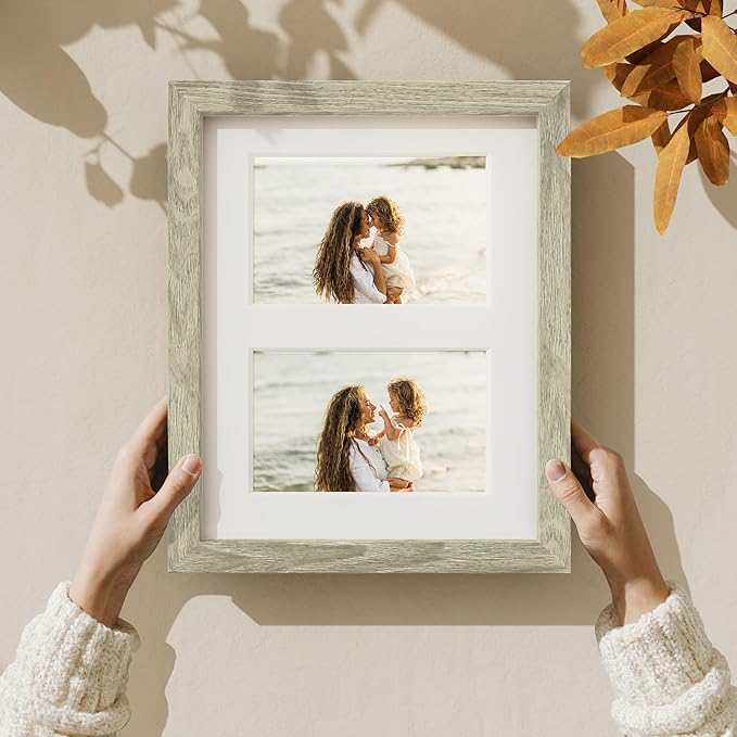 Vittanly 8x10 Collage Picture Frame, Displays 2Pcs 4x6 Pictures with Mat or 1Pcs 8x10 without Mat, Photo Frame for Wall Mounting or Table Top with Stand, Driftwood, 1 Pack