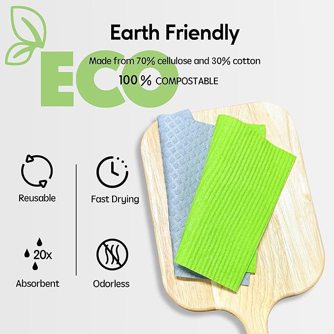 Swedish Dishcloths for Kitchen, 10 Pack Reusable Paper Towels Washable, Ultra Absorbent Dish Towels for Washing Dishes, Non-Scratch Cellulose Sponge Cloths, No Odor, Biodegradable