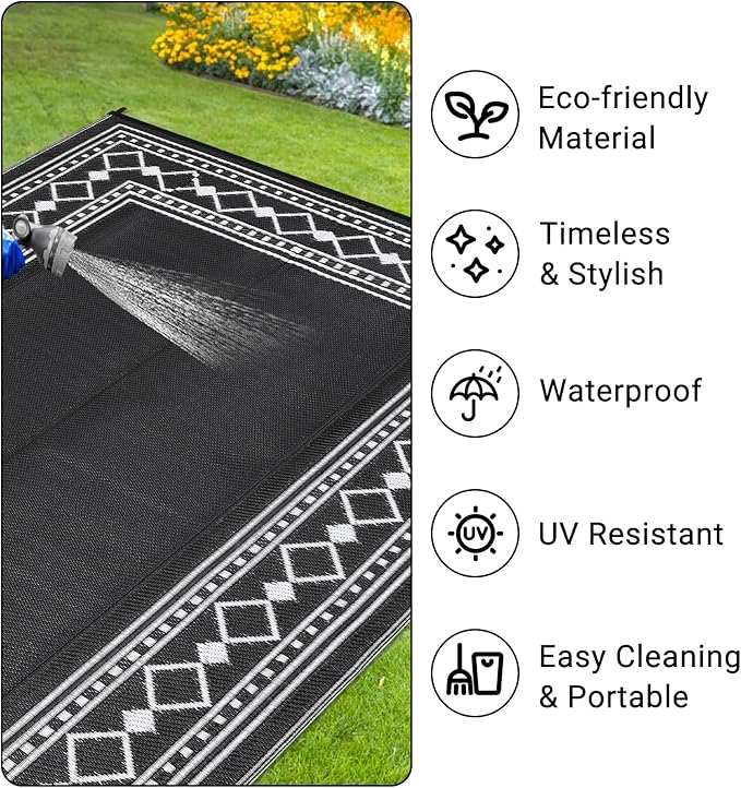 9x18 Large Outdoor Rug,Modern Bordered Plastic Straw Carpet,Waterproof Lightweight Outdoor Carpet,Easy Cleaning Folding Uv Resistant Picnic Camping Mat,Black/White