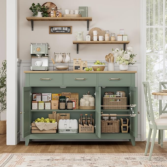 HORSTORS 47" Buffet Cabinet with Storage, Kitchen Buffet Table with Drawer, Modern Coffee Bar Storage Cabinet with Adjustable Shelf, Wood Sideboard for Dining Room, Kitchen, Entryway, Light Green