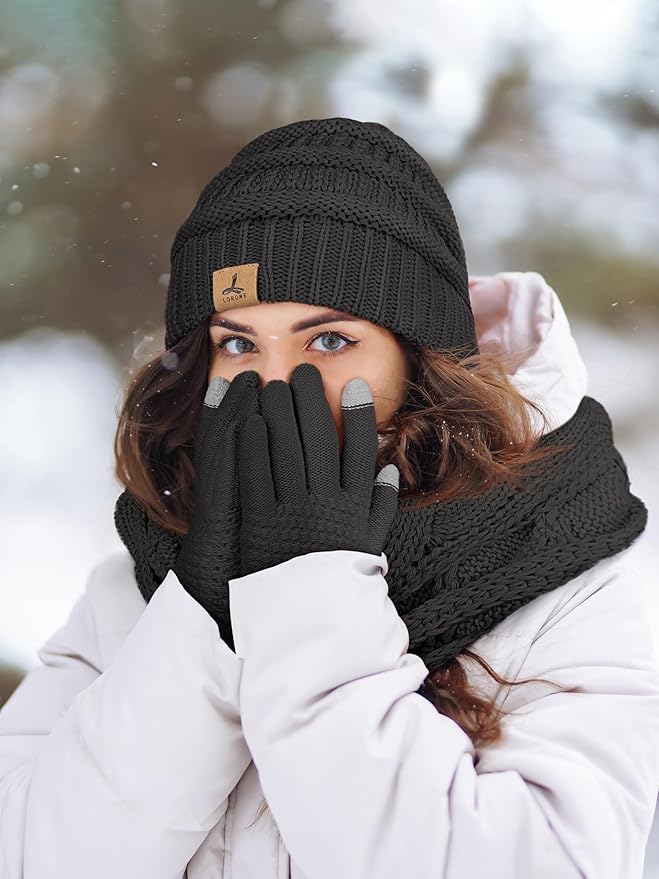 Winter Beanie Hat Scarf Gloves, Warm Fleece Knit Hats Touch Screen Gloves Neck Scarf Set Winter Gifts for Unisex Adult