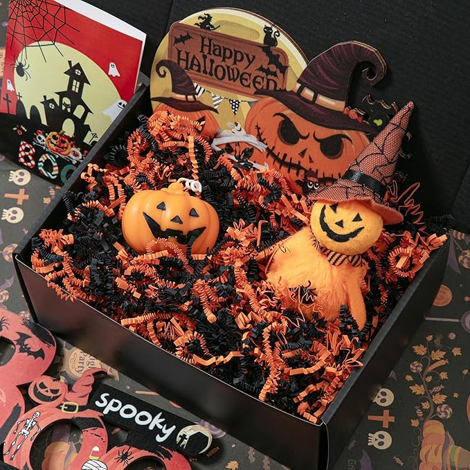 1/2 LB Halloween Crinkle Cut Paper Shred Filler 8 oz Black & Orange Crinkle Shredded Paper for Gift Basket - Gift Box Bag Filler - Grass Cushion Stuffing for Halloween Packaging Wrapping