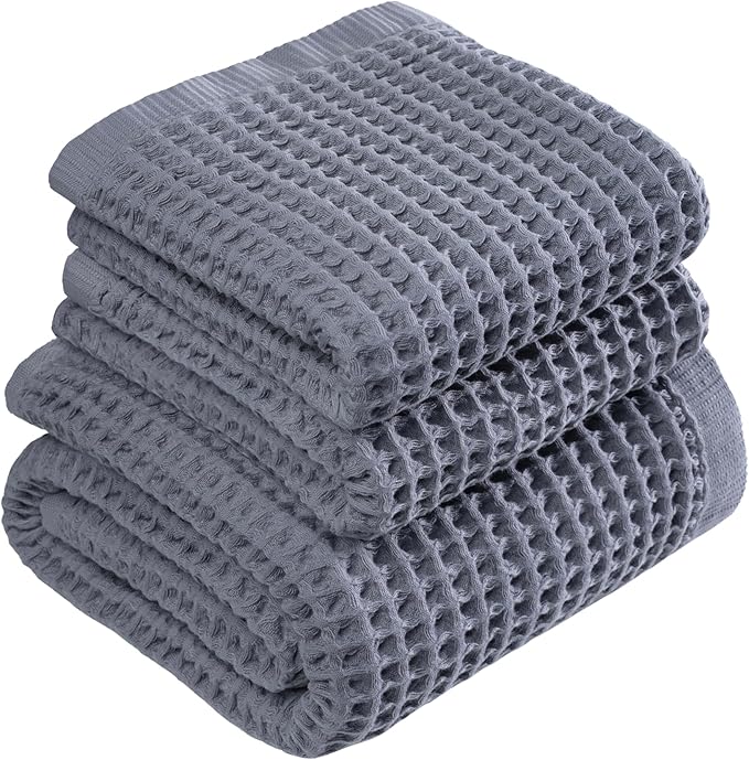 DEMMEX Organic Cotton Waffle Weave Turkish Towel Set for Bathroom, 100% Oeko-TEX Certified Super Soft Turkish Cotton, Lightweight & Quick Dry, 1 Bath & 2 Large Hand Towels, 30x60/20x30 in., Gray