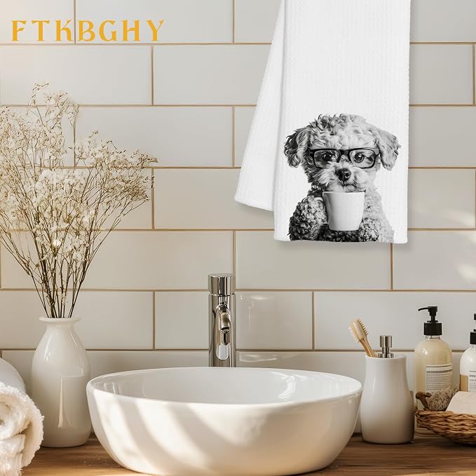 Funny Poodle Decor Coffee Kitchen Towels Gift, Poodle Dog Gifts, Coffee Gifts for Women, Dog Lover Gift Decorative Dish Hand Tea Towels for Kitchen Home Bar Decor, 16x24 Inch