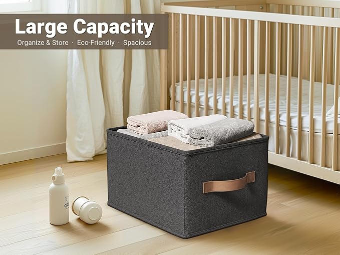 3 Pack Fabric Storage Bins for Shelves | 16.25x12x10in Closet | Collapsible Bins for Organization | Linen Clothes Storage Bins | Black