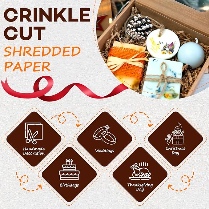2LB Kraft Crinkle Paper Filler, Brown Cut Shredded Paper for Gift Baskets Packaging Wrapping Cushion Stuffing Box Filler for Easter Christmas Wedding Birthday Bridesmaid
