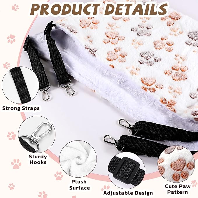 Geelin 4 Pcs Cat Hammock Hanging for Cage Bed, Paw, 16 x 20 Inch | Reversible Soft Pet Sleeping Hammocks with Adjustable Strap, Metal Hook, for Cat, Ferret, Puppy, Rabbit, Kitten, Small Animal