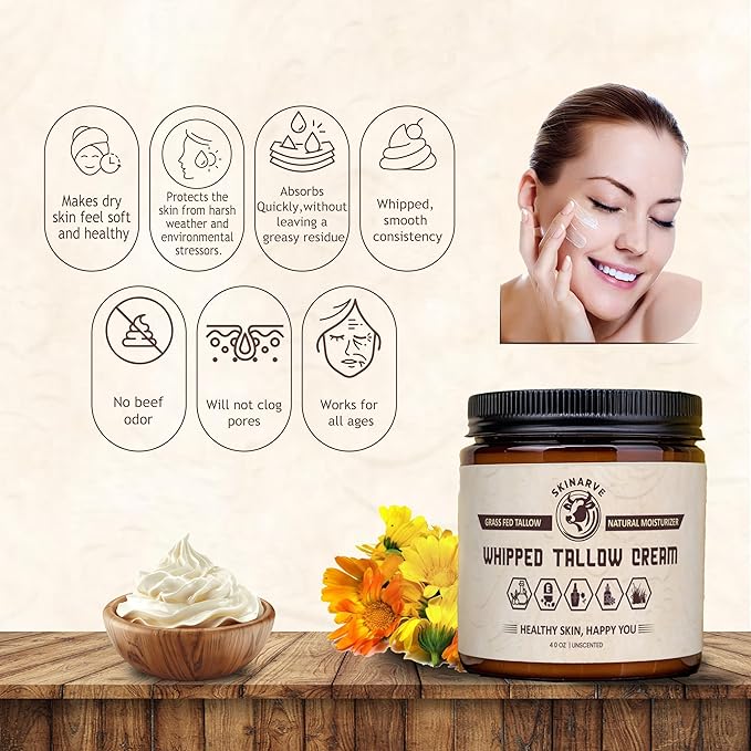 Beef Tallow for Skin 4oz Unscented, Organic Whipped beef Tallow and Honey Balm, 100% Grass Fed Beef Tallow Face Moisturizer For Dry Skin, Lip balm, Eczema Natural Tallow Moisturizer (Cream, Cream)