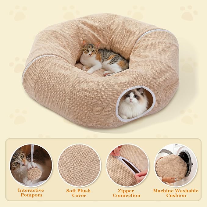 PEQULTI Beige Donut Cat Tunnel Bed Washable Plush Mat Multi for Small Pets | Round play tube with soft detachable plush mat, multi-pet toy fit indoor cats, kittens, puppies, rabbits and ferrets