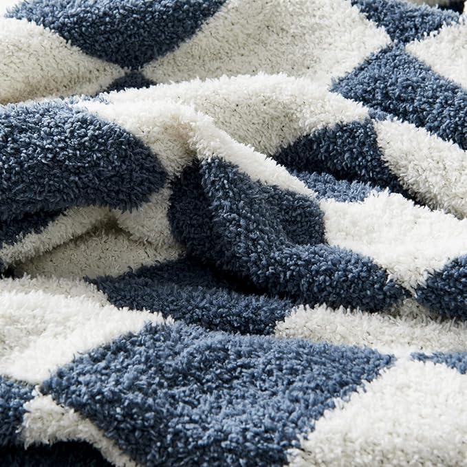 CozeCube Super Soft Fullfy Microfiber Reversible Knitted Blankets, Warm Cozy Fuzzy Plush Throw, Dusty Blue and White Checkered Throw Blanket for Couch Bed Sofa, 60" x 80"