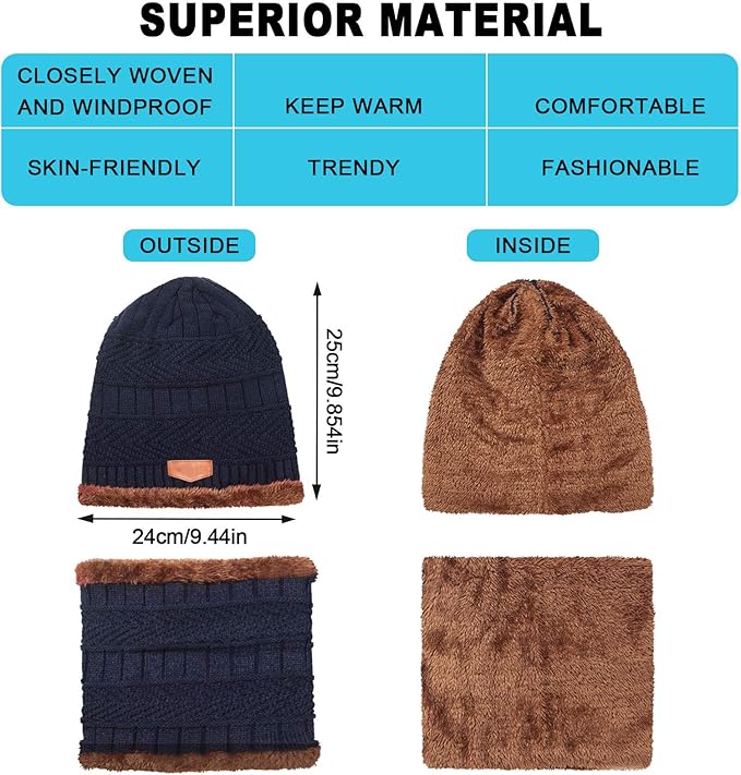 Winter Fleece Lined Beanie Hat Scarf Sock Touchscreen Gloves Set for Men Women