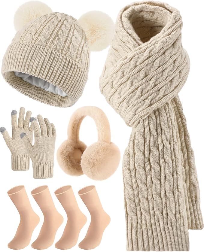 Geyoga 6 Pcs Winter Warm Fleece Knit Hat Long Scarf Touchscreen Gloves Ear Muffs Socks Sets, Winter Warm Gifts for Women