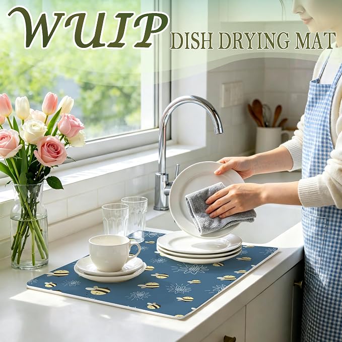 Bee Dish Drying Mats for Kitchen Counter, Bee Lovers Gifts, Cute Navy Blue Floral Honeybee Absorbent Reversible Coffee Bar Mat Drying Pad for Kitchen Decor, 12x15 Inch