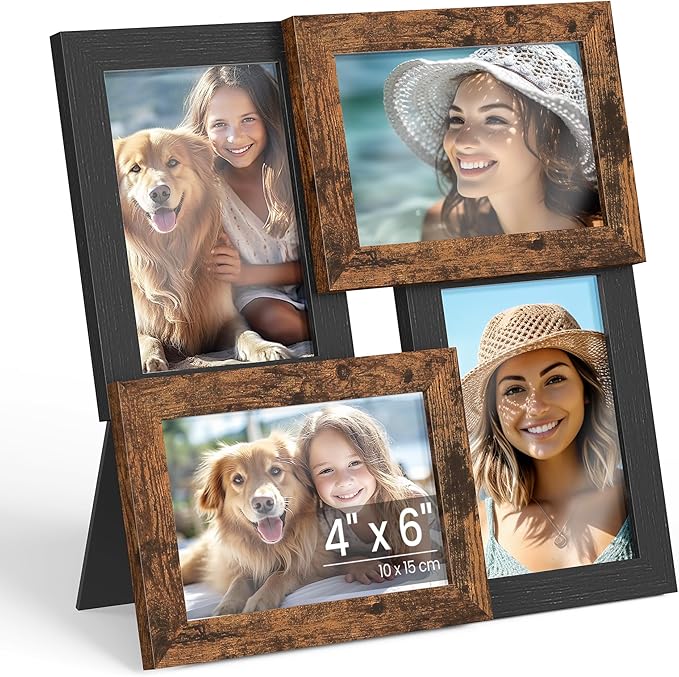 SONGMICS 4x6 Collage Picture Frames, Family Photo Collage Frame Set of 4 for Wall Decor, Glass Front, Wall Hanging or Tabletop, Christmas Gift, Ash Black and Rustic Brown URPF025K01