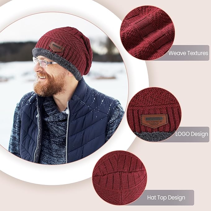 Winter Beanie Hat Circle Scarf Touchscreen Gloves Set, Snow Knit Skull Cap, Warm Thick Fleece Lined Neck Warmer for Men Women