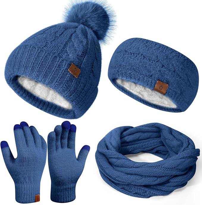 Womens Beanie Hat Infinity Scarf Touchscreen Gloves Fleece Headband 4 in 1 Winter Clothes Set Gifts for Women