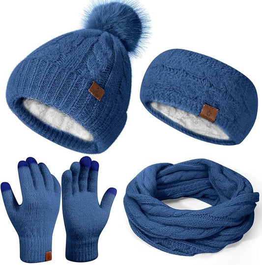 Womens Beanie Hat Infinity Scarf Touchscreen Gloves Fleece Headband 4 in 1 Winter Clothes Set Gifts for Women