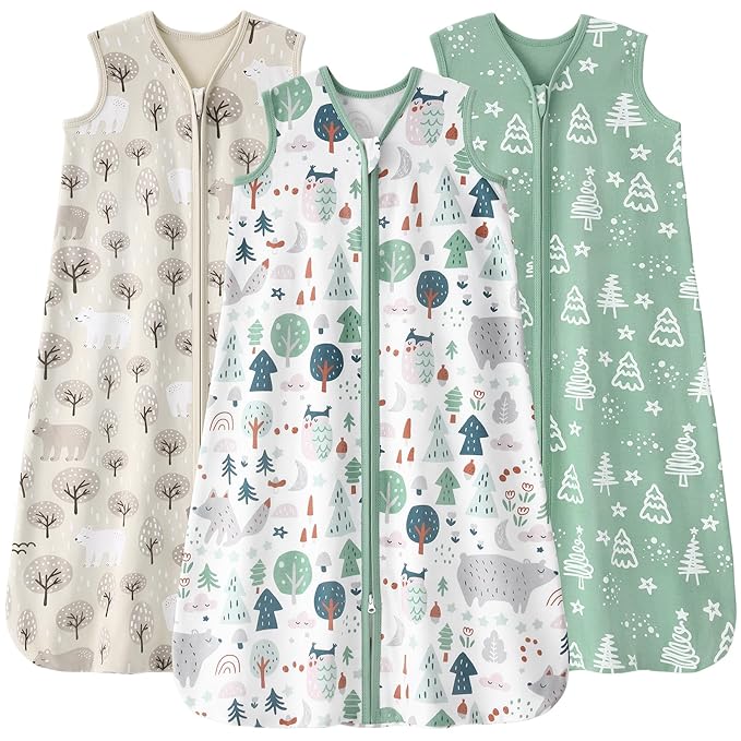 Baby Sleep Sack 0-6 months, 100% Cotton Sleeping Sack for Newborn and Infant, 3 Pack Baby Wearable Blanket for Boy and Girl, 0.5 Tog Lightweight Double Zipper Sleep Bag Green Apricot Bear
