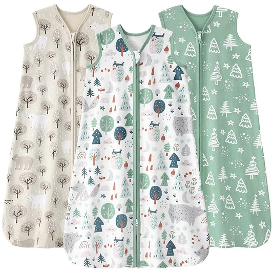Baby Sleep Sack 18-24 months, 100% Cotton Sleeping Sack for Newborn and Infant, 3 Pack Baby Wearable Blanket for Boy and Girl, 0.5 Tog Lightweight Double Zipper Sleep Bag Green Apricot Bear