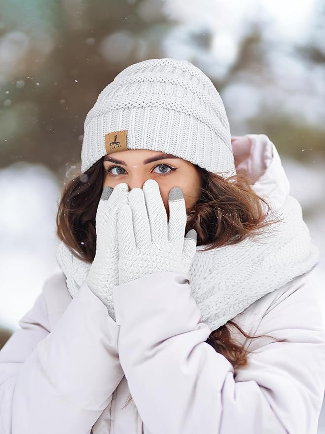 Winter Beanie Hat Scarf Gloves, Warm Fleece Knit Hats Touch Screen Gloves Neck Scarf Set Winter Gifts for Unisex Adult