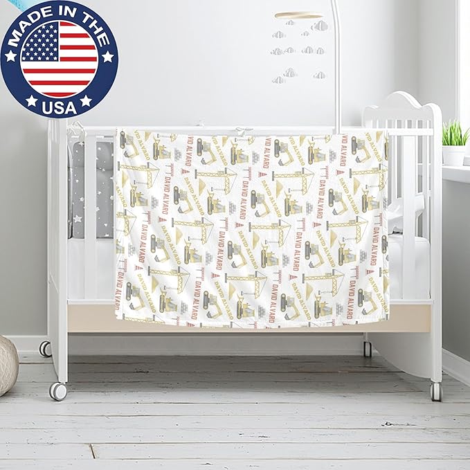 Ship Next Day, Personalized Baby Blanket for Boys Girls - Printed in USA, Custom Name Toddler Blanket with Excavator Pattern, Perfect Newborn Gift