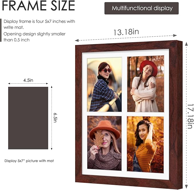 12x16 Picture Frame 5x7 Collage Picture Frame Displays Four 5x7 inch Photos or 12x16 (Without Mat) for Available Horizontal Wall Mounting Display and Vertical Redwood