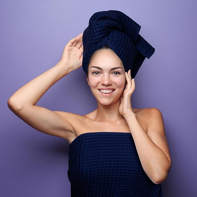 PÜSKÜL - Set of 3 Organic Waffle Hand Towel Navy - Premium Quality, 100% Turkish Cotton, Soft, Quick-Dry, Absorbent, Lint-Free Face Kitchen Hand Towels (Navy Blue, Hand Towels - Pack of 3)
