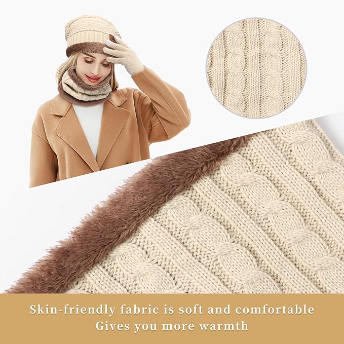MAYLISACC Winter Knit Beanie Hat Neck Warmer Scarf and Touch Screen Gloves Set 3 Pcs Fleece Lined Skull Cap for Men Women