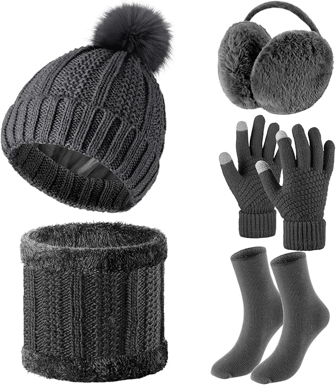 SATINIOR 5 Pcs Winter Satin Lined Hat Scarf Gloves Set Knit Pompom Beanie Warm Touchscreen Glove Earmuff Ear Warmer for Women