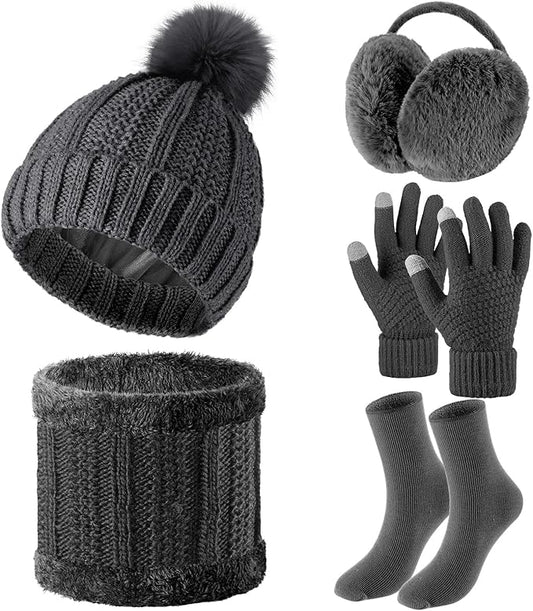 SATINIOR 5 Pcs Winter Satin Lined Hat Scarf Gloves Set Knit Pompom Beanie Warm Touchscreen Glove Earmuff Ear Warmer for Women