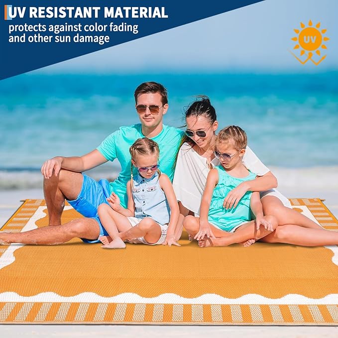 Outdoor Rug 8x10 Waterproof Patio Rugs Scalloped Border Reversible Mat for Front Door Rv Foldable Plastic Straw Carpet for Travel Trailers, Deck, Picnic, Porch, Camper, Balcony, Beach，Orange