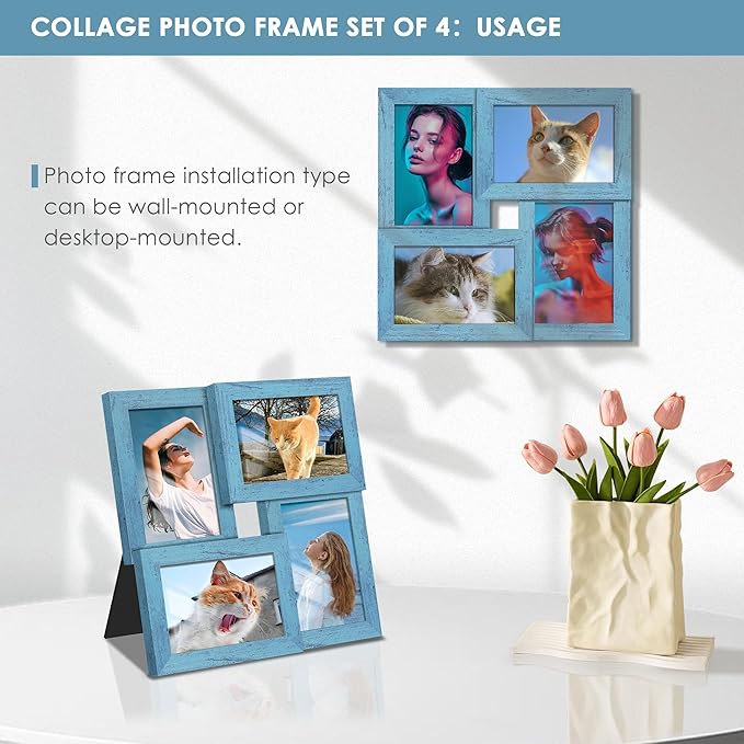 4x6 Collage Picture Frame Tempered Glass Front, Displays Four 4x6 Photo, Family Photo Collage Frame, Wall Decor Wall Hanging or Tabletop, Blue