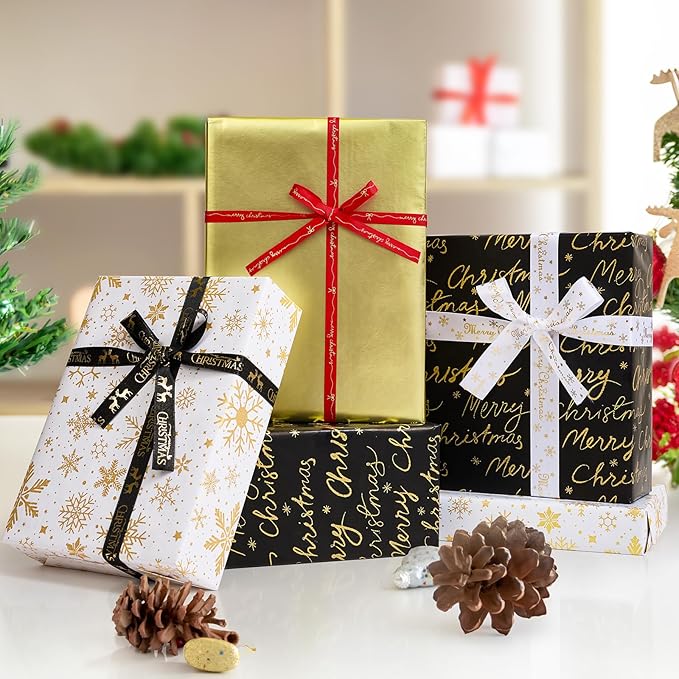 YANGTE Christmas Wrapping Paper Mini Rolls, 3 Rolls 17" x 120" Gift Wrapping Paper Christmas rolls, Holiday Wrapping Papers Black White Gold