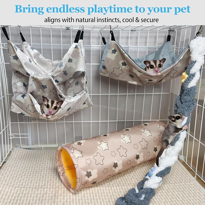 Hamiledyi Rat Hammock Sugar Glider Climbing Ropes Toys Rat Hanging Tunnel Hammock Swing Squirrel Hideout Bed Cage Accessories for Ferret Mouse Hamster Small Animals (Grey)