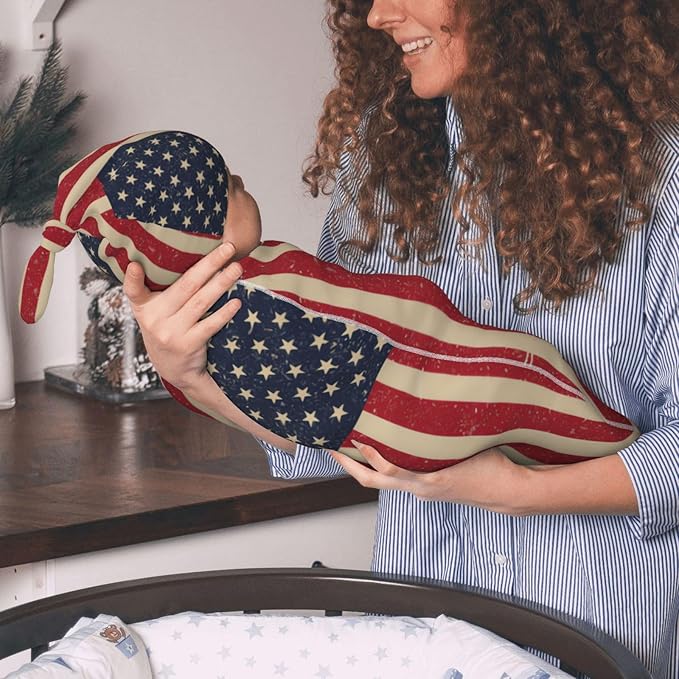 Newborn Swaddle Blankets and Hat Set Soft Cotton Baby Swaddle Wrap Warm Infant Receiving Blanket USA Flag