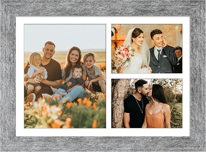 11x16 Picture Frame Display 3 opening Picture Frame 5x7 and 8x10 Collage,Multi Photo Frame with Mat,Plexiglass,Horizontal and Vertical Formats for Wall Decor,Grey Wood Grain