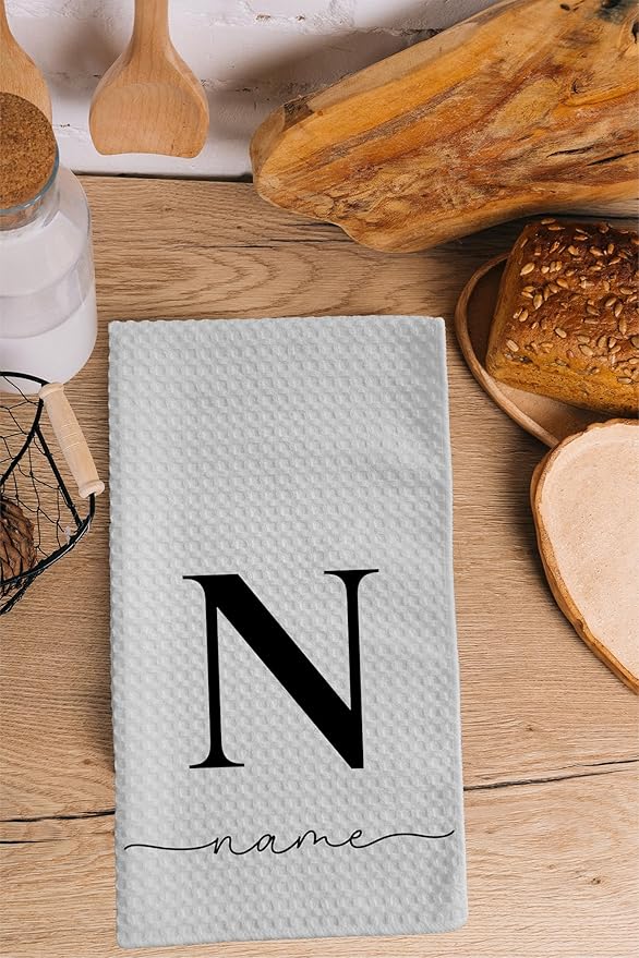 Custom Name Kitchen Towel | Personalized Tea Towel | Family Monogram Dish Towel | Farmhouse Decor | Hand Towel | Microfiber Dishcloth Gift (2 Towels + 2 Utensils)