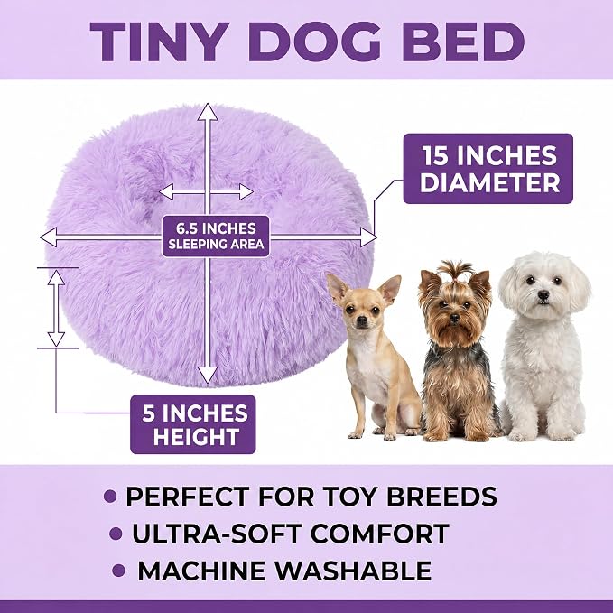 Tiny Dog Bed for Extra Small Dogs for Chihuahua Pomeranian Toy Poodle | 15 Inch Washable Puppy Bed,Soft Faux Fur Calming Donut Bed,Purple