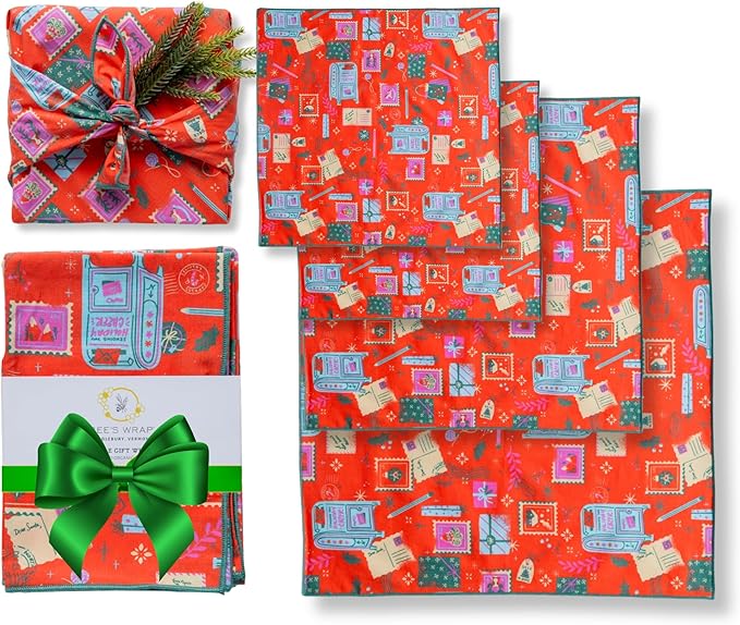 Bee's Wrap Furoshiki Reusable Cotton Fabric Wrapping Paper - Seasons Greetings Pack of 4 Gift Wraps - Gift Wrapping Supplies - Eco Friendly Alternative to Bags and Paper Rolls