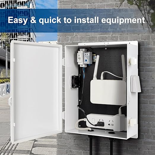 Outdoor Electrical Box with Thermostat and Fan, ABS Water Resistant Enclosure with Internal Mounting Panel & Hinged Cover, 18.1" H* 12.6" L* 6.3" W, Plug & Play.