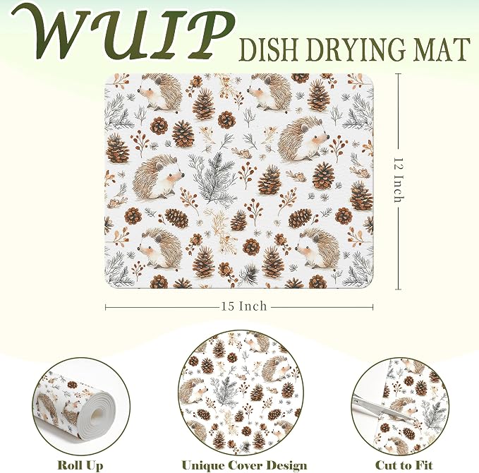 Cute Hedgehog Dish Drying Mats for Kitchen Counter, Hedgehog Gifts, Nature Pine Cone Absorbent Reversible Coffee Bar Mat Drying Pad for Kitchen Decor, 12x15 Inch