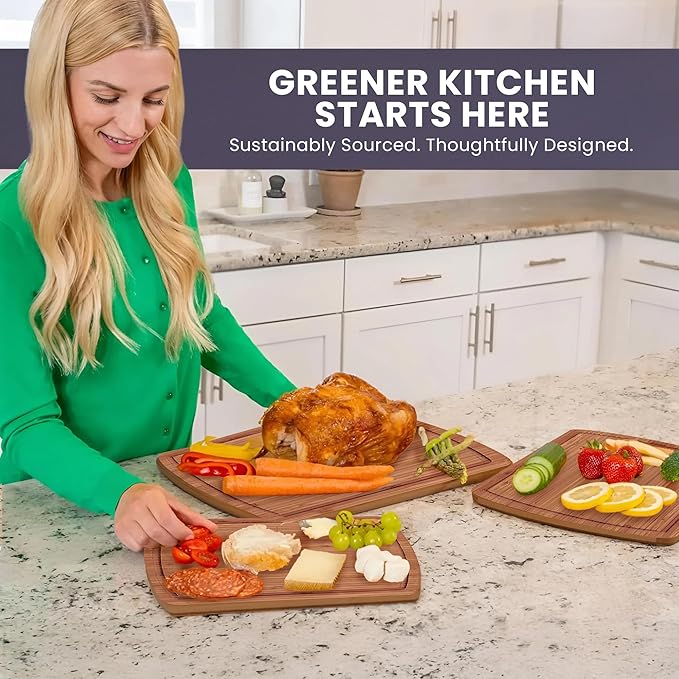 Organic Bamboo Wooden Cutting Board Set of 3 - Used to Chop Veggies, Carve Meat, Present Charcuterie at Mealtime Prep and Family Gatherings - Ideal for Professional and Busy Home Chefs - Dark