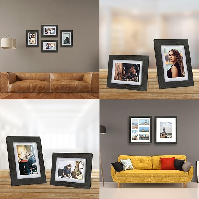 4x6 Picture Frame Set of 4, Made of Real Glass and Rustic Black Wooden Frame, 4 by 6 Photo for Wall or Tabletop - Display Picture 3.5x5 with Mat or 4x6 Without Mat