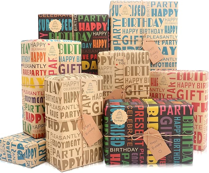 MAMUNU 10 Sheets Birthday Wrapping Paper, Colorful Happy Birthday Kraft Gift Wrapping Paper for Men Women Girls Boys, Recycled Brown Gift Wrap Paper Set with Tags Stickers, 20 x 28Inch