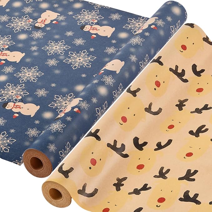 AhfuLife 2 Rolls Christmas Wrapping Paper - 17 Inch × 49.2 Feet Per Roll, Recyclable Kraft Xmas Wrapping Paper Roll for Kids Christmas Gift Box Birthday Party Decoration -138 sq. ft. ttl (L: Blue Snowman/Reindeers)