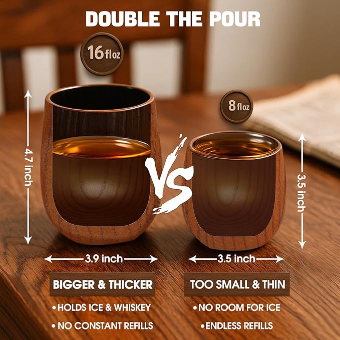 Charred Wooden Bourbon Drinking Glass | Bourbon Gifts for Men | Large Old Fashioned Glass | 16 oz Wooden Whiskey Tumbler | Birthday Whiskey Gifts for Men, Dad or Brother (2 Pack)
