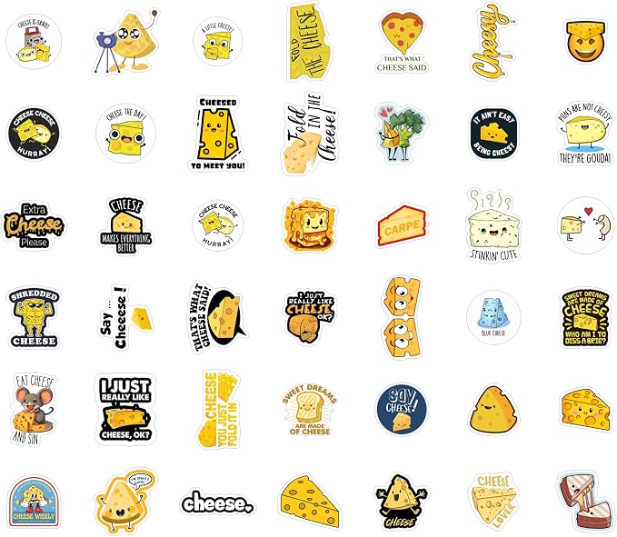 Funny Cheese Stickers for Water Bottle and Laptop - Cheese Party Supplies & Decorations, Waterproof Vinyl Decals, Food Stickers, Gifts for Women & Men